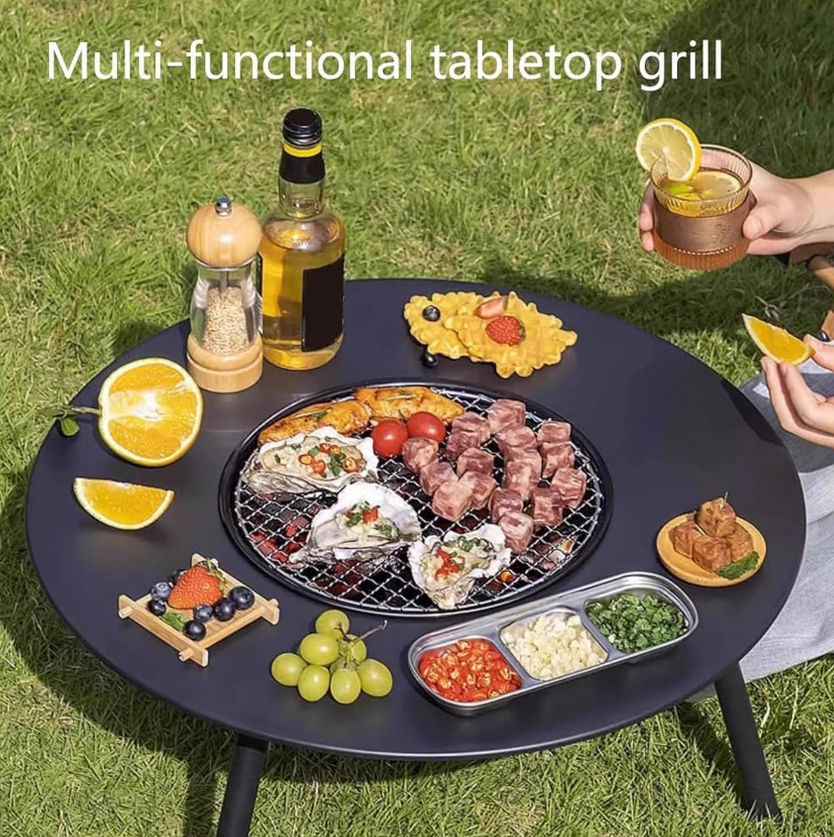 Portable Round Tabletop Charcoal BBQ Grill with Wood-Grain Finish